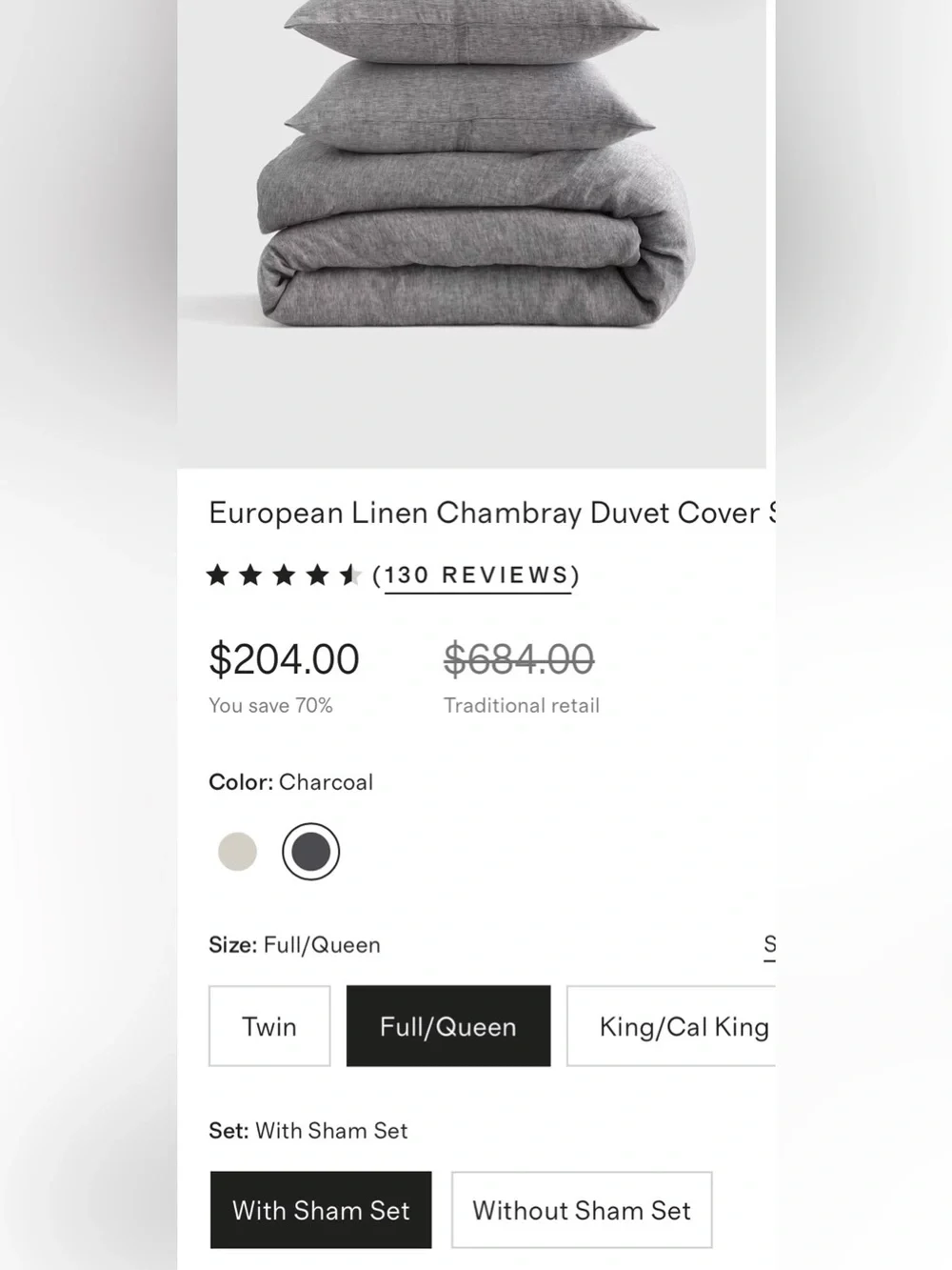 BRAND NEW Quince European Linen Chambray 3 Pc Duvet Cover Set, F/Q (Charcoal)